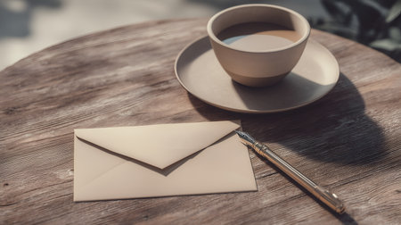 Cup of coffee or tea beside gold fountain pen and envelope. Soft light and vintage textures evoke reflection, analog beauty, and quiet creative ritual.の素材