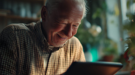Senior man with beard and glasses smiles at tablet in softly lit room. Indoor plants and shelves evoke digital inclusion, comfort, and modern lifestyle.の素材