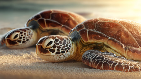 Sea turtles rest on sunlit sand with amber-patterned shells. Warm light and fine textures evoke marine beauty, tranquility, and wildlife conservation themes.の素材