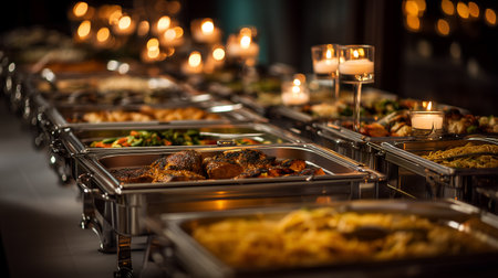 Chafing dish shimmer and candle glow evokes clarity, ritual, and editorial depth in culinary storytelling. Dish diversity and layout rhythm highlight abundance, warmth, and visual elegance.の素材