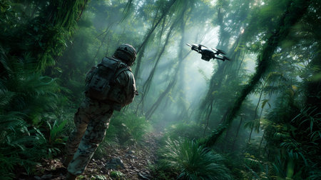 Soldier in camouflage with helmet and backpack walks a dense jungle while a recon drone scouts ahead beneath a sunlit, misty canopy.の素材