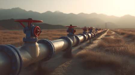Metal pipeline with red-handled valves stretches across dry grassland. Warm light and mountain backdrop evoke infrastructure, resilience, and remote engineering.の素材