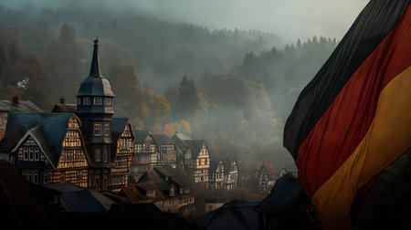 Flag rises beside timbered rooftops and forest mist. Soft light and ornate woodwork evoke clarity, heritage, and editorial depth in architectural and regional storytelling.の素材