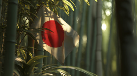 Flag rests in filtered light beneath bamboo canopy. Tranquil shadows and foliage evoke clarity, heritage, and editorial depth in cultural and environmental storytelling.の素材