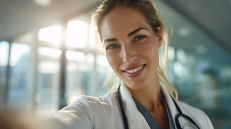 Confident smile and sunlit space evoke clarity, ritual, and editorial depth in medical storytelling. White coat and stethoscope highlight care, warmth, and professional identity.の素材