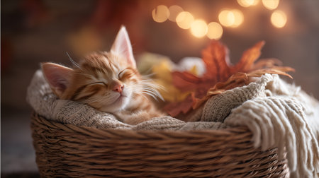 Orange tabby kitten sleeping in basket with cozy blankets. Autumn leaves and golden bokeh evoke warmth, tranquility, and seasonal editorial charm.の素材