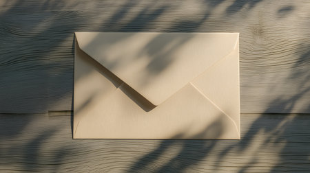 Sealed envelope on wood with soft leaf shadows. Natural light and textured grain evoke intimacy, quiet symbolism, and poetic editorial storytelling.の素材