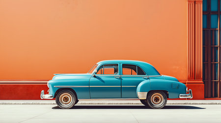 Classic turquoise car with chrome accents and whitewall tires. Vivid contrast and retro styling evoke clarity, nostalgia, and editorial depth in travel and lifestyle storytelling.の素材