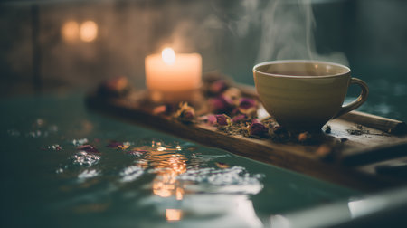 Warm candlelight, herbal accents, and steaming drink on wooden tray over bathwater evoke self-care, relaxation, and sensory tranquility in a cozy ritual.の素材