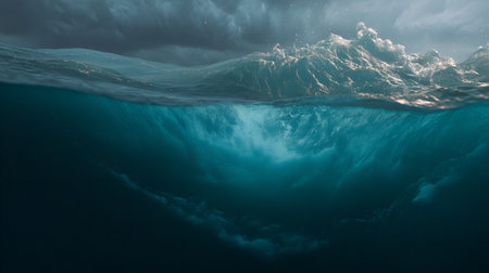 Above and below ocean view with turbulent waves and swirling depths. Ideal for editorial, nature, environmental, or conceptual storytelling photography themes.の素材