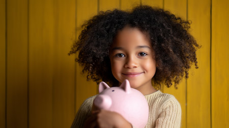 Young child with curly hair and beige sweater holding piggy bank in front of yellow wall. Ideal for editorial, finance, childhood, or lifestyle photography themes.の素材