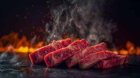 Raw marbled beef on dark surface with flames and smoke. Rich texture and fiery backdrop evoke gourmet grilling, culinary drama, and editorial food intensity.の素材
