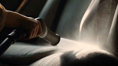 Dust lift and suction gesture evoke clarity, ritual, and editorial depth in automotive storytelling. Fabric texture and tool rhythm highlight hygiene, motion, and visual precision.の素材