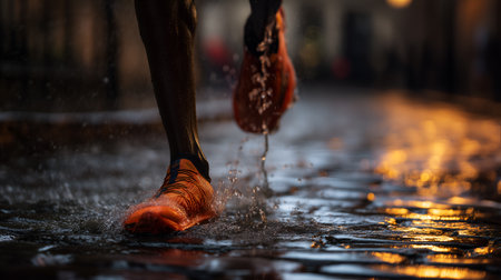 Glossy cobblestones and blurred motion evoke clarity, ritual, and editorial depth in urban fitness storytelling. Orange shoes and water droplets highlight grit, rhythm, and nocturnal energy.の素材