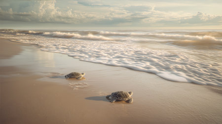 Two baby sea turtles on the beach at sunrise. Warm light, soft waves, and textured sand evoke marine vulnerability, life cycle, and poetic editorial storytelling.の素材