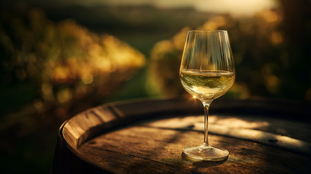 Golden light and barrel grain evoke clarity, ritual, and editorial depth in wine storytelling. Vineyard blur and glass glow highlight origin, elegance, and seasonal rhythm.の素材