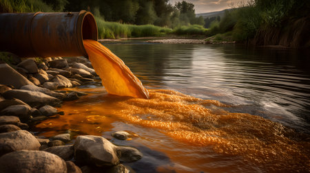 Contaminated flow and rusted texture evoke clarity, ritual, and editorial depth in environmental storytelling. Orange discharge and river contrast highlight urgency, impact, and ecological rhythm.の素材