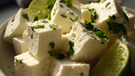 Fresh paneer cubes with cilantro and lime slices in a bowl. Ideal for editorial, culinary, vegetarian, or South Asian food photography themes.の素材