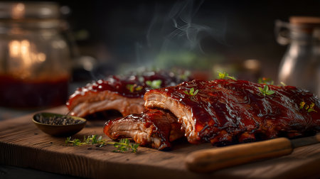 Smoke wisps and glaze shimmer evoke clarity, ritual, and editorial depth in culinary storytelling. Meat texture and lantern glow highlight heat, craft, and visual indulgence.の素材