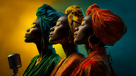 Three women in vibrant headscarves and jewelry with vintage mic on gradient backdrop. Ideal for editorial, fashion, cultural, or performance photography themes.の素材
