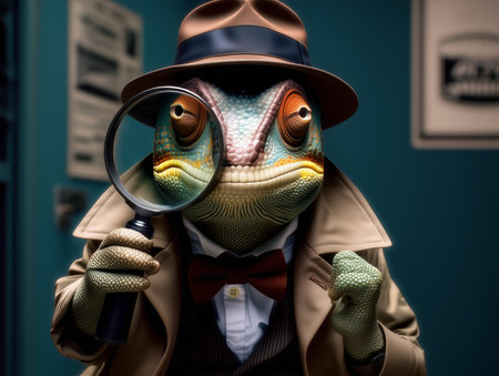 Whimsical chameleon in trench coat and fedora holding magnifying glass. Ideal for editorial, character design, humor, or imaginative storytelling themes.の素材