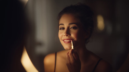 Person applying lipstick while looking into mirror. Warm lighting and soft focus evoke self-care.の素材