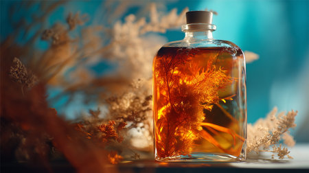 A clear glass apothecary bottle containing an amber-colored herbal infusion or essential oil. A delicate sprig of dried greenery is submerged inside. The bottle is surrounded by soft-focus dried flowers and botanicals against a warm and teal bokeh background.の素材
