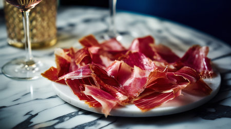 Thin slices of JamÃ³n IbÃ©rico on white marble with wine glasses. Elegant gourmet charcuterie presentation.の素材