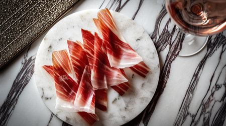 Thin slices of JamÃ³n IbÃ©rico arranged on marble plate with rosÃ© wine. Elegant gourmet presentation.の素材