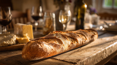 Whole crusty baguette with wine and cheese on rustic table. Warm, artisanal dining ambiance.の素材