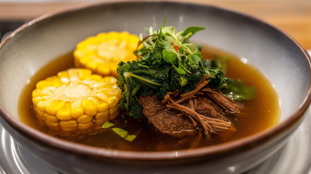 Modern gourmet interpretation of Mexican beef soup. Features tender pulled beef, sweet corn on the cob, and a rich clear broth garnished with a mountain of fresh micro-greens in a dark ceramic bowl.の素材