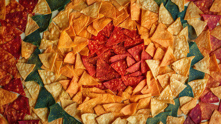 High-angle overhead view of red, yellow, and green corn tortilla chips arranged in a vibrant, symmetrical circular gradient. Artistic and minimalist Mexican food background.の素材