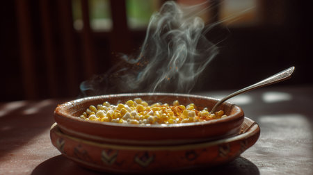 Hot and steaming Mexican esquites served in a traditional rustic clay bowl with a spoon. Topped with chili powder and savory seasonings in a warm, atmospheric setting.の素材