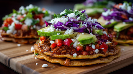 Tostadas with meat, avocado, cabbage, cheese, tomato, and cilantro on wooden board.の素材