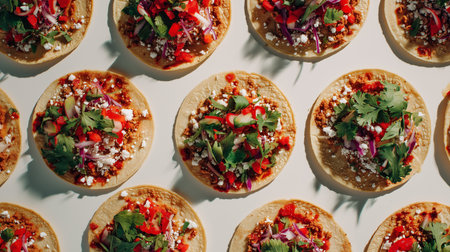 Tostadas with meat, cheese, onion, tomato, and cilantro arranged in grid on light surface.の素材