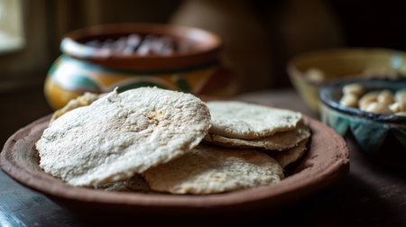 Handmade tlacoyos with beans peeking through masa, served on rustic clay plate with traditional bowls.の素材