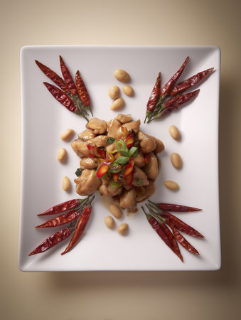 Artistic fine dining presentation of Kung Pao chicken on a square white plate. Features a central mound of glazed poultry surrounded by a symmetrical arrangement of dried red chilies and roasted peanuts.の素材