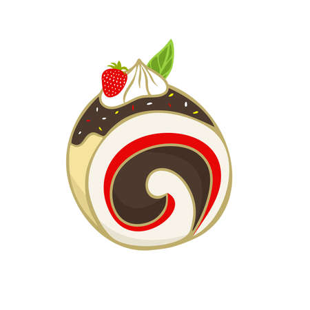 Slice of Strawberry Swiss Roll Cake Vector flat Illustration. Roll Cake with chocolate flavors. Element bakery design for advertising, paper, and more.のイラスト素材