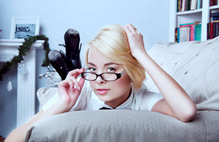 sexy blonde secretary with high heelsの写真素材