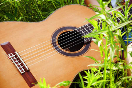 Guitar on the grass. Picnic with friends in summer afternoon.の写真素材
