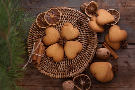 Shortbread biscuit with cinnamon and star anise spices. Christmas dessert.Shallow depth of field.