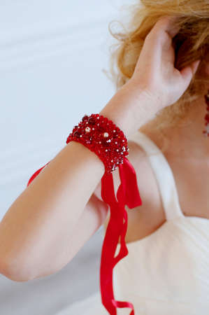 Beautiful blond bride with provocative red lipsの写真素材