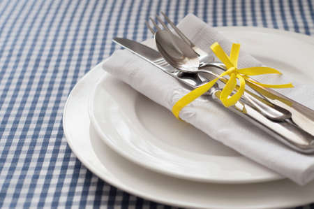 Table setting with blue checkered tablecloth, white napkin and silverware