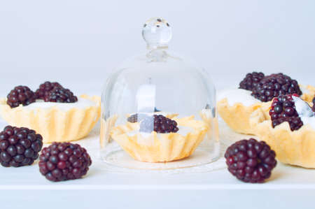 Different size tartlets with cream and fresh dewberries. Sweet berry summer dessert.の写真素材