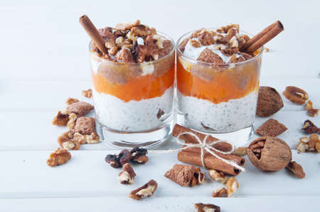 Chia seeds creamy pumpkin spicy pudding with cinnamon and walnuts. Healthy vegetarian seasonal meal.の写真素材