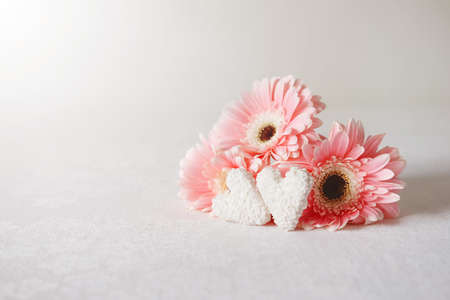 Valentine's Day symbols tender pink gerbera flowers and heart shaped coconut candiesの写真素材