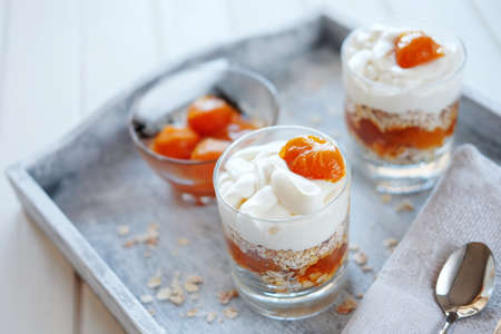 Oats layered with spicy and sweet apricot jam and cream served for breakfast. Healthy food concept.の写真素材