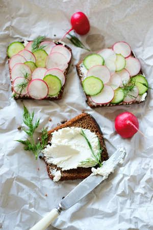 Healthy vegetarian sandwiches with radish and cucumber slices on wholemeal bread with cottage cheese...
