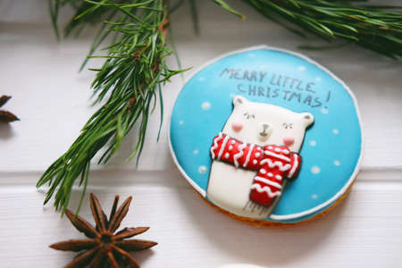 Gingerbread cookies with multicolored frosting decorated for Christmas and New Year holidays