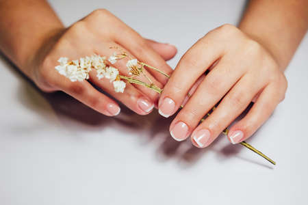 French nail extensions. Women at beauty parlour doing classic manicure.の写真素材